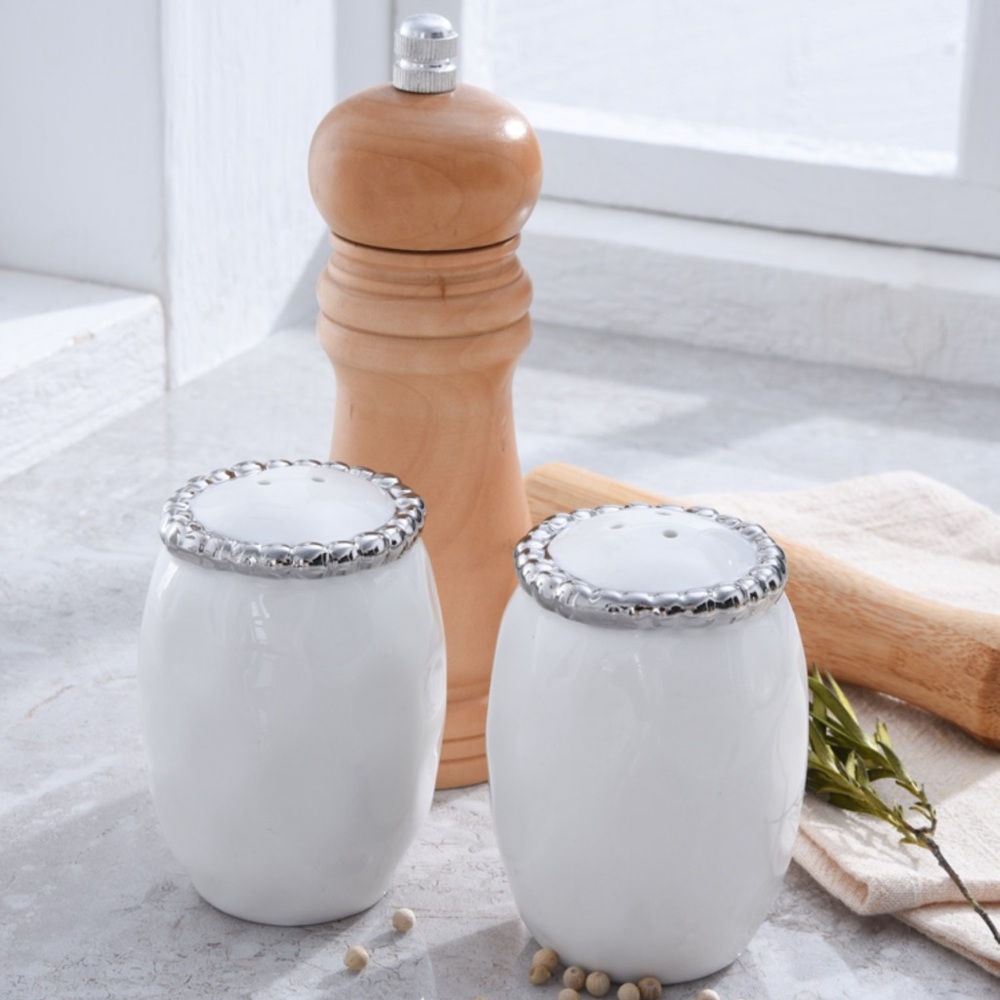 Elegant White and Silver Salt and Pepper Shaker Set